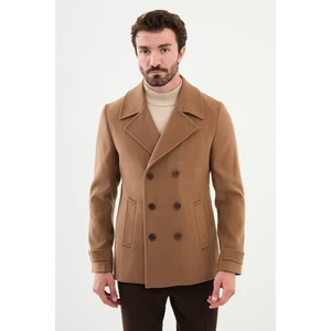 Düz Bej Slim Fit Geniş Yaka Kruvaze Kaşe Erkek Kaban