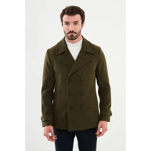 Düz Haki Slim Fit Geniş Yaka Kruvaze Kaşe Erkek Kaban