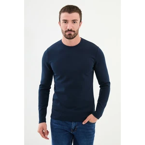 Düz Lacivert Slim Fit Bisiklet Yaka Uzun Kollu Erkek T-Shirt
