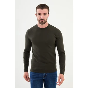 Düz Haki Slim Fit Bisiklet Yaka Uzun Kollu Erkek T-Shirt