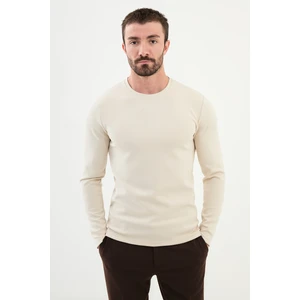 Düz Bej Slim Fit Bisiklet Yaka Uzun Kollu Erkek T-Shirt
