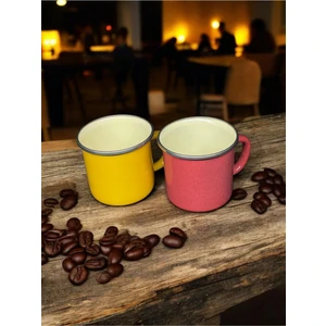 Emaye Market Emaye Kupa - Vintage Kamp Kahve Çay Kupası - Sarı Kırmızı - 10 cm - 400 ml - 2'li