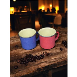 Emaye Market Emaye Kupa - Vintage Kamp Kahve Çay Kupası - Mavi Kırmızı - 10 cm - 400 ml - 2'li