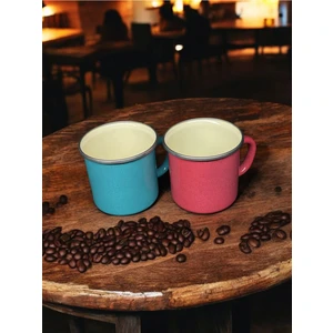 Emaye Market Emaye Kupa - Vintage Kamp Kahve Çay Kupası - Turkuaz Kırmızı - 10 cm - 400 ml - 2'li