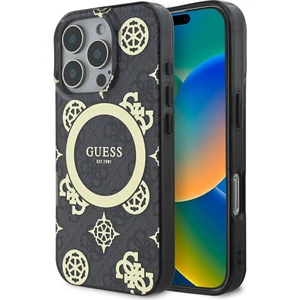 Apple iPhone 16 Pro Max Kılıf Guess Lisanslı Magsafe Özellikli Iml Peony ve 4g Desenli Klasik Logolu Siyah