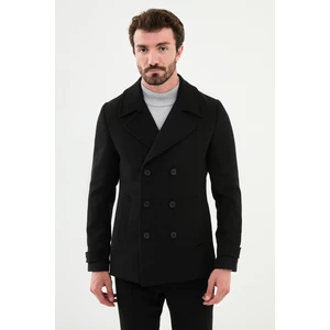 Düz Siyah Slim Fit Geniş Yaka Kruvaze Kaşe Erkek Kaban