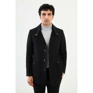 Düz Siyah Slim Fit Açık Yaka Kaşe Erkek Kaban