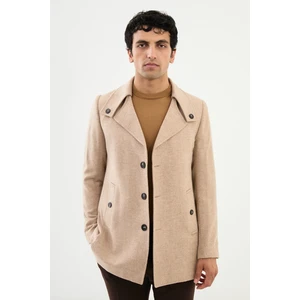 Düz Bej Slim Fit Açık Yaka Kaşe Erkek Kaban