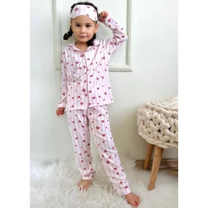 Kız Çocuk Pembe Beyaz Renkli Kalp Desenli Uyku Bandı Dahil Pijama Takımı.