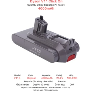 Dyson V11 Butonlu Kutu 4000MAH Uyumlu Batarya Dikey Süpürge Pili DYSV112140C