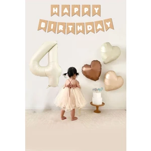 Atölye Mi Retro Krem 4 Yaş Balonlu Happy Birthday Kraft Bannerlı 3 Retro Kalp Balonlu Balon Seti