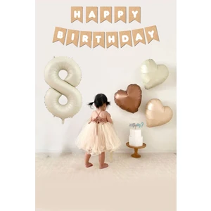 Atölye Mi Retro Krem 8 Yaş Balonlu Happy Birthday Kraft Bannerlı 3 Retro Kalp Balonlu Balon Seti