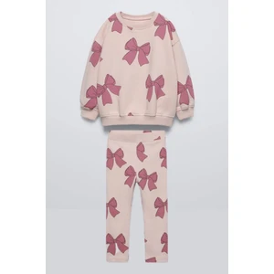 Ladin Store Yeni Sezon Kız Çocuk Pamuklu Kurdele Baskılı Sweatshirt ve Fitilli Taytlı Alt-Üst Takım
