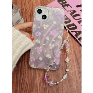 Paladyum Case iPhone 15 Plus Uyumlu Lila Çiçekli Desenli Boncuklu Bilek Askılı Charmlı Kılıf