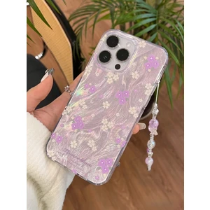 Paladyum Case iPhone 15 Pro Uyumlu Lila Çiçekli Desenli Boncuklu Bilek Askılı Charmlı Kılıf