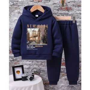Kids Face Özel Tasarım Kapüşonlu New York Şehir Baskılı Kışlık Yeni Stil Erkek Çocuk Eşofman Takımı
