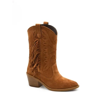 2454101K Topuklu Saçak Detaylı Vestern Deri Kadın Bot