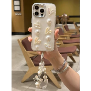 Paladyum Case iPhone 16 Pro Max Uyumlu Lux Işıltılı Inci Charmlı Kalpli Kılıf