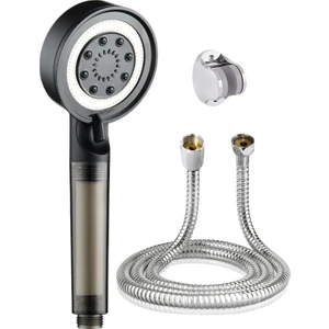 Siyah Filtreli 5 Fonksiyon Çelik Duş Başlığı Örgülü Duş Hortumu ve Mafsal 3'lü Duş Seti