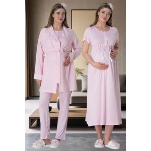 Mecit 6061 Pembe Çizgili Sabahlıklı Gecelik Pijama Lohusa Set