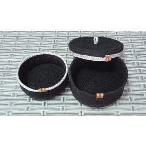 BAKBİTTİ 3 PARÇA KAPAKLI SEPET 20CM YUVARLAK SİYAH Ev Banyo Düzenleyici Organizer Jüt