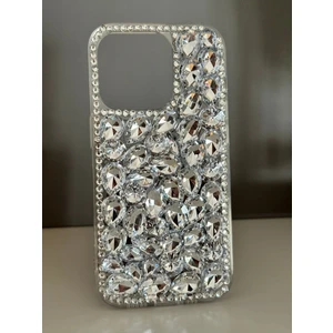 iPhone 16 Pro Max Uyumlu Ultra Lüx Gümüş Renkli Damla Taşlı Koruyucu Yapılı Özel Yapım Kılıf