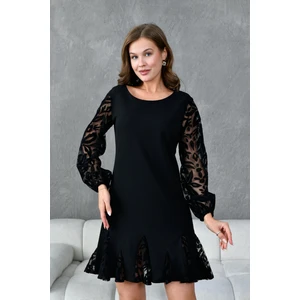 Zishan Fashion Kollar Ve Etek Ucu Tül Ve Kabartma Desenli Sıfır Yaka Midi Kadın Abiye Elbise 903