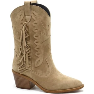 2454101K Topuklu Saçak Detaylı Vestern Deri Kadın Bot