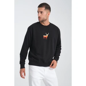 Deer Erkek Yuvarlak Yakalı Nakışlı Siyah Sweatshirt