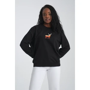 Deer Kadın Yuvarlak Yakalı Nakışlı Siyah Sweatshirt