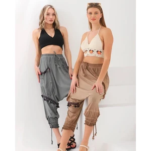 Kadın Beli Bağlamalı Düğme Detaylı Bohem Şalvar