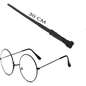 Harry Potter Asası 30 cm ve Siyah Metal Çerçeveli Harry Potter Gözlüğü Seti