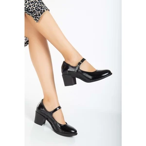Analin Shoes Kadın Hakiki Deri Bantlı Topuklu Ayakkabı - Siyah Rugan
