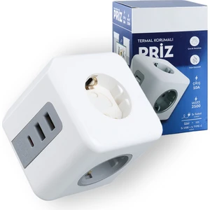 Güncel Çarşı Termal Akım Korumalı 3'lü Duvar Küp Priz, 2xusb - 1xtype-C (Tip C), Çocuk Korumalı, Isıya Dayanıklı Topraklı Üçlü Priz, 2500W 10A