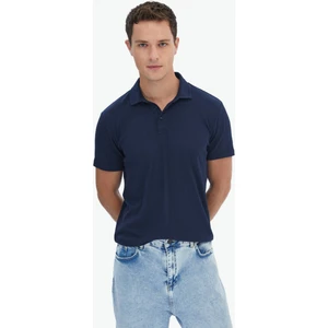 Lacivert Jakarlı Polo Yaka Pamuk Karışımlı T-Shirt