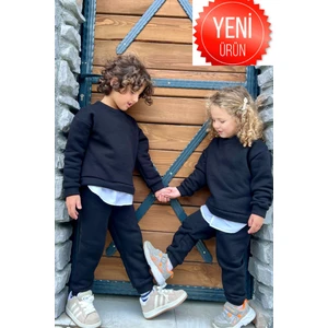 Gömlek Detaylı Spor 3 Iplik Şardonlu Takım - Siyah