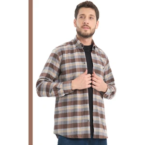 Erkek Kahverengi Gri Kareli Kışlık Yünlü Cepli Geniş Kesim Gömlek