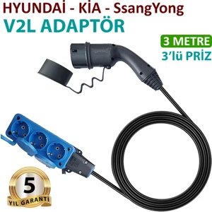 Hyundai, Kia, Ssangyong, V2L  Adaptör 3'lü Priz, Elektrikli Aracınıza 220V Ev Tipi Priz Imkanı, Kampta-Seyahatte