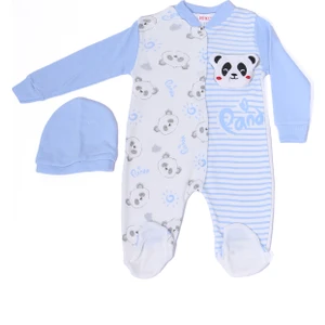 Erkek Bebek Tulum Şapkalı Panda Baskılı Çıtçıtlı D6