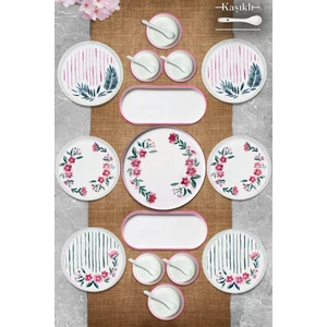 Kitchen Life 21 Parça 6 Kişilik Sakura Stackable Kahvaltı Takımı - Kaşıklı Kahvaltılık Sunum Seti Tabağı