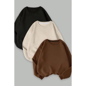 Kadın Siyah Bej Kahverengi Düz Bisiklet Yaka 3lü Sweatshirt Set