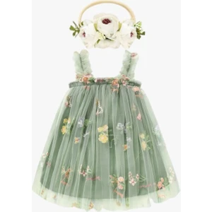 Pamuk Astar Çiçek Kelebek Nakışlı Şirin Yazlık Saç Bantlı Kız Çocuk Doğumgünü Elbisesi Yeşil