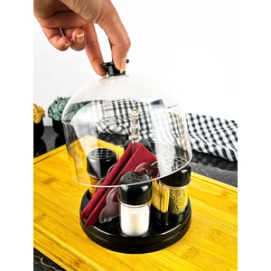 Esa Store Şeffaf Fanus Kapaklı Peçetelik ve Kürdanlık Hazneli Dörtlü Baharatlık Seti-Tuzluk-Baharatlık