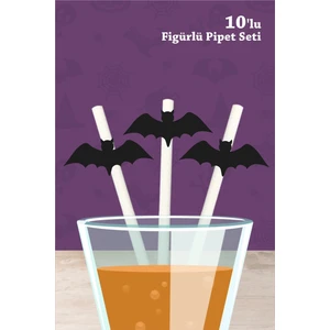 Neşeli günlerim halloween cadılar bayramı yarasa temalı 10'lu figürlü pipet seti