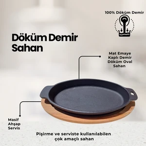 EN Home Döküm Demir Oval Fajita, Pişirme ve Servis Tabağı, 15*24 Cm, Emaye Kaplı