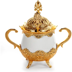 İhvan Online Kapaklı ve Kaşıklı Lüks Porselen Şekerlik Lokumluk Gümüş Gold