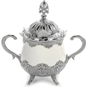 İhvan Online Kapaklı ve Kaşıklı Lüks Porselen Şekerlik Lokumluk Gümüş