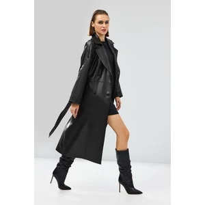 Nicole Kadın Siyah Kruvaze Yaka Uzun Deri Trençkot 24WGD5258U4