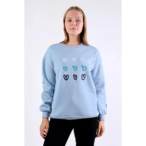 9175M Bisiklet Yaka Kalp Nakışlı Sweat Mavi
