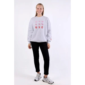 9175M Bisiklet Yaka Kalp Nakışlı Sweat Gri